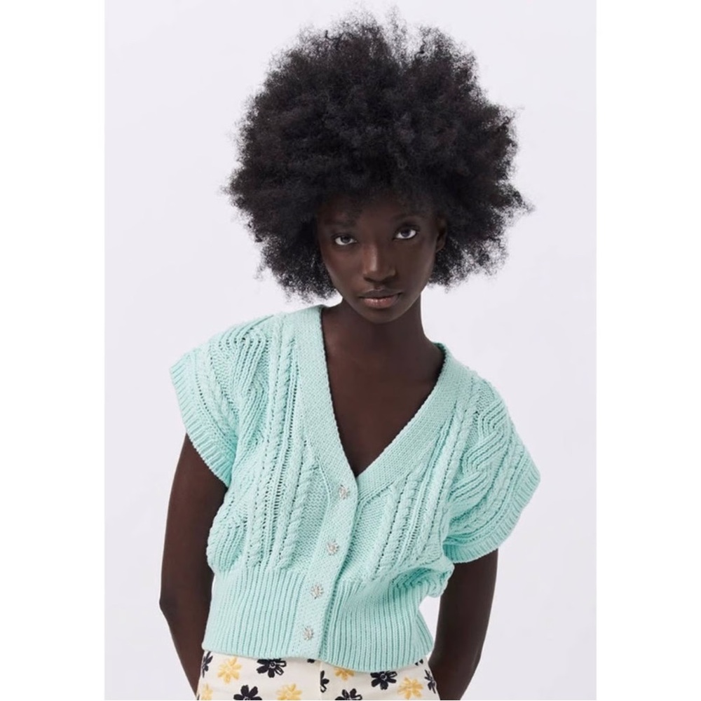 Zara Mint Cable-Knit V-Neck Button Sweater Vest
